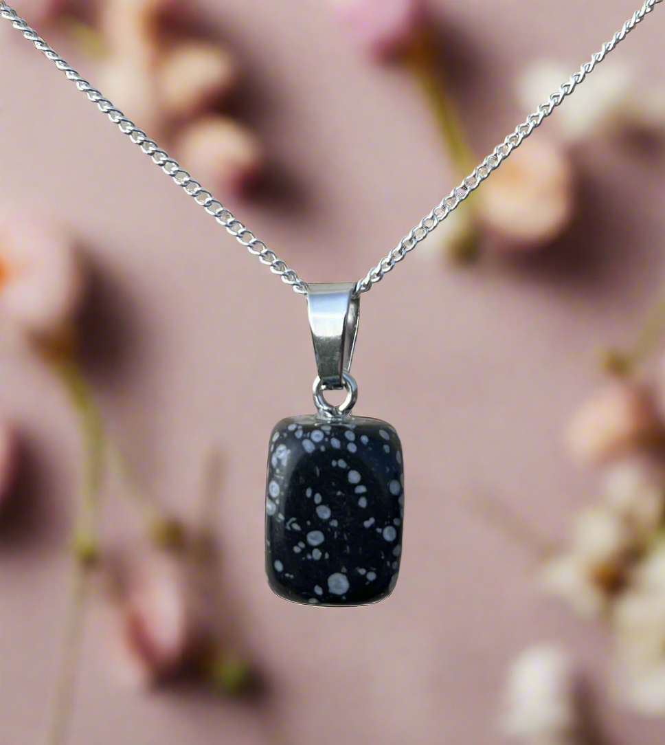 Snowflake Obsidian Cube Pendant & Cord Necklace