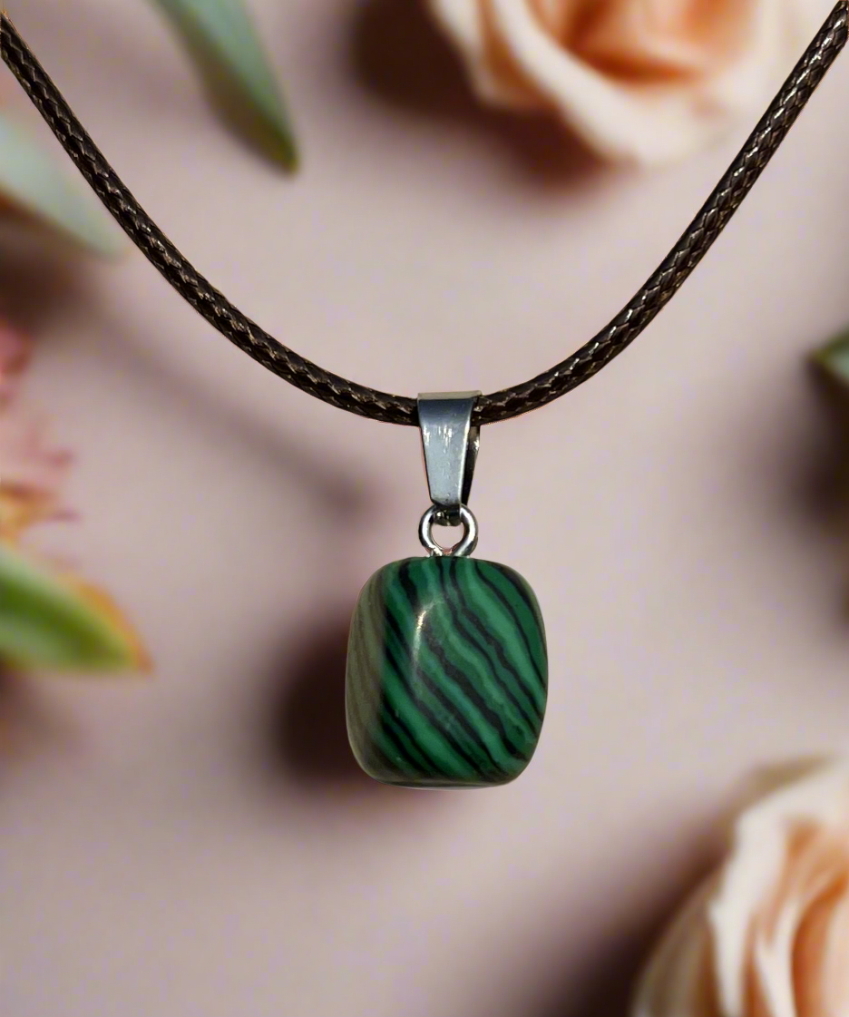 Malachite Cube Pendant & Cord Necklace