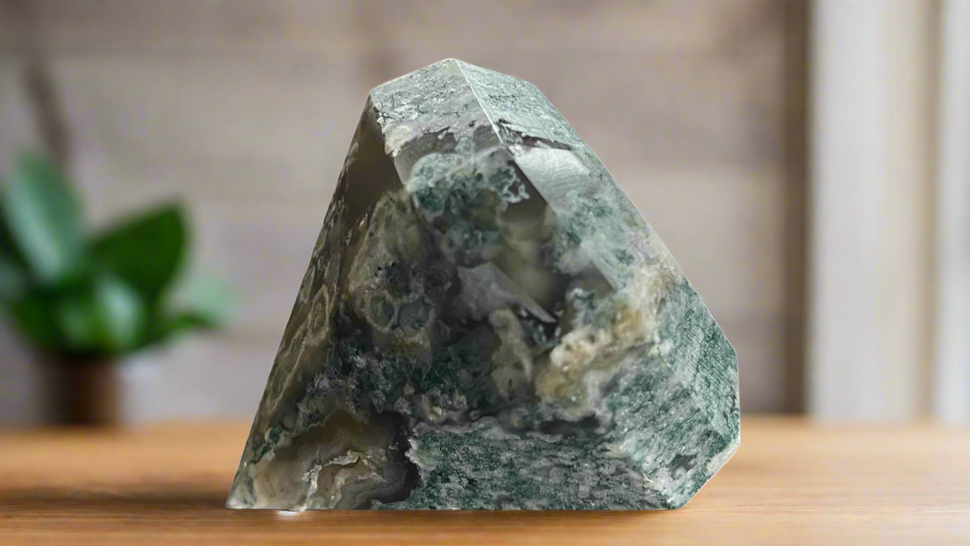 Moss Agate Faceted Tower (Freeform Point)