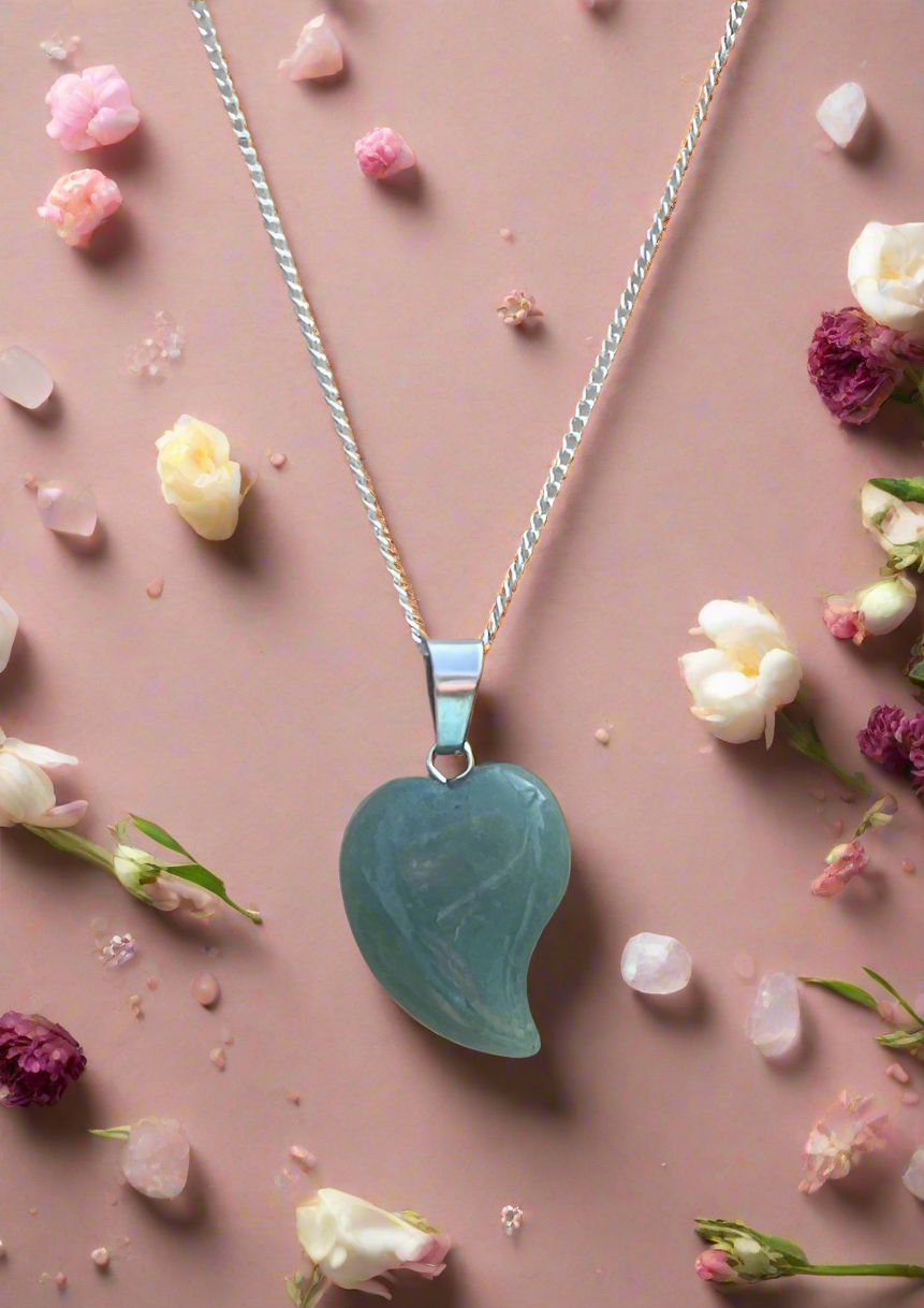 Green Aventurine Heart Pendant & Stirling Silver Chain Necklace