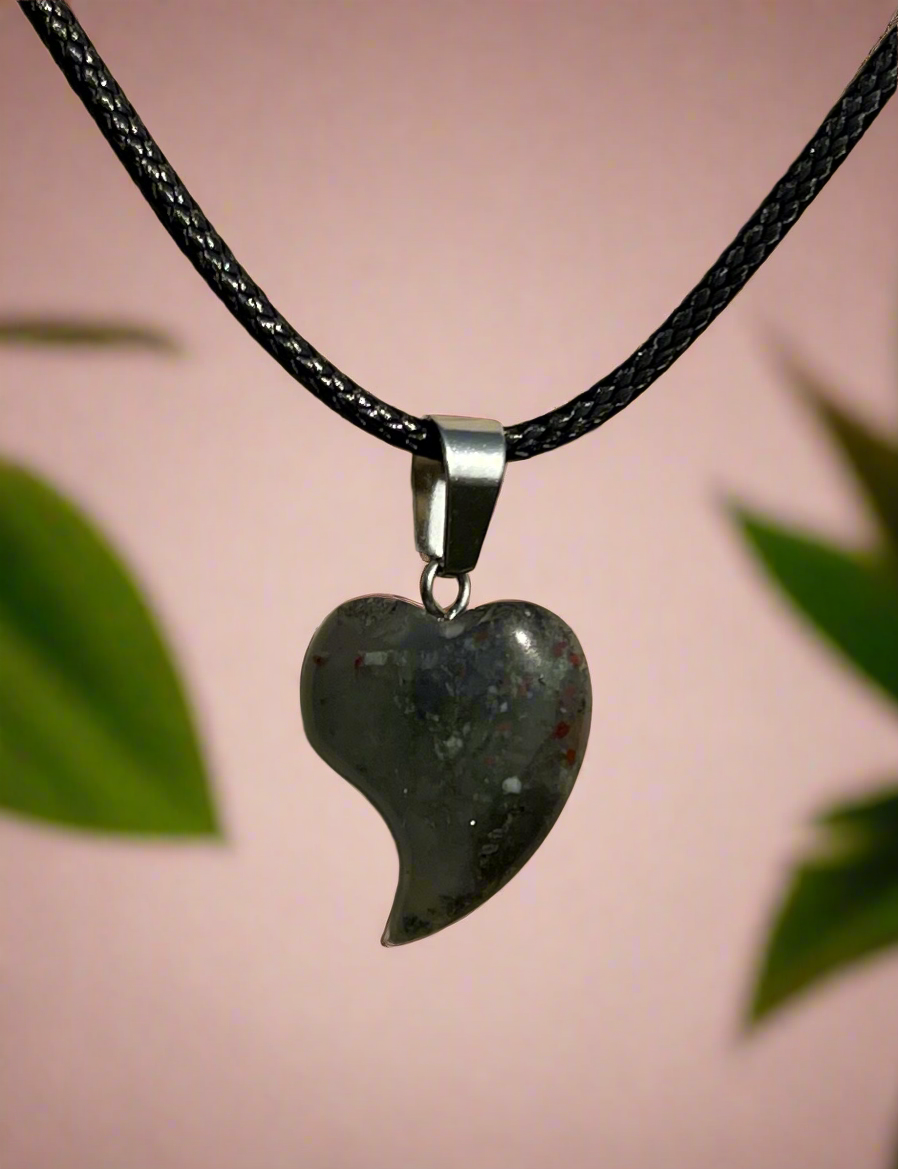 African Bloodstone Heart Pendant & Cord Necklace