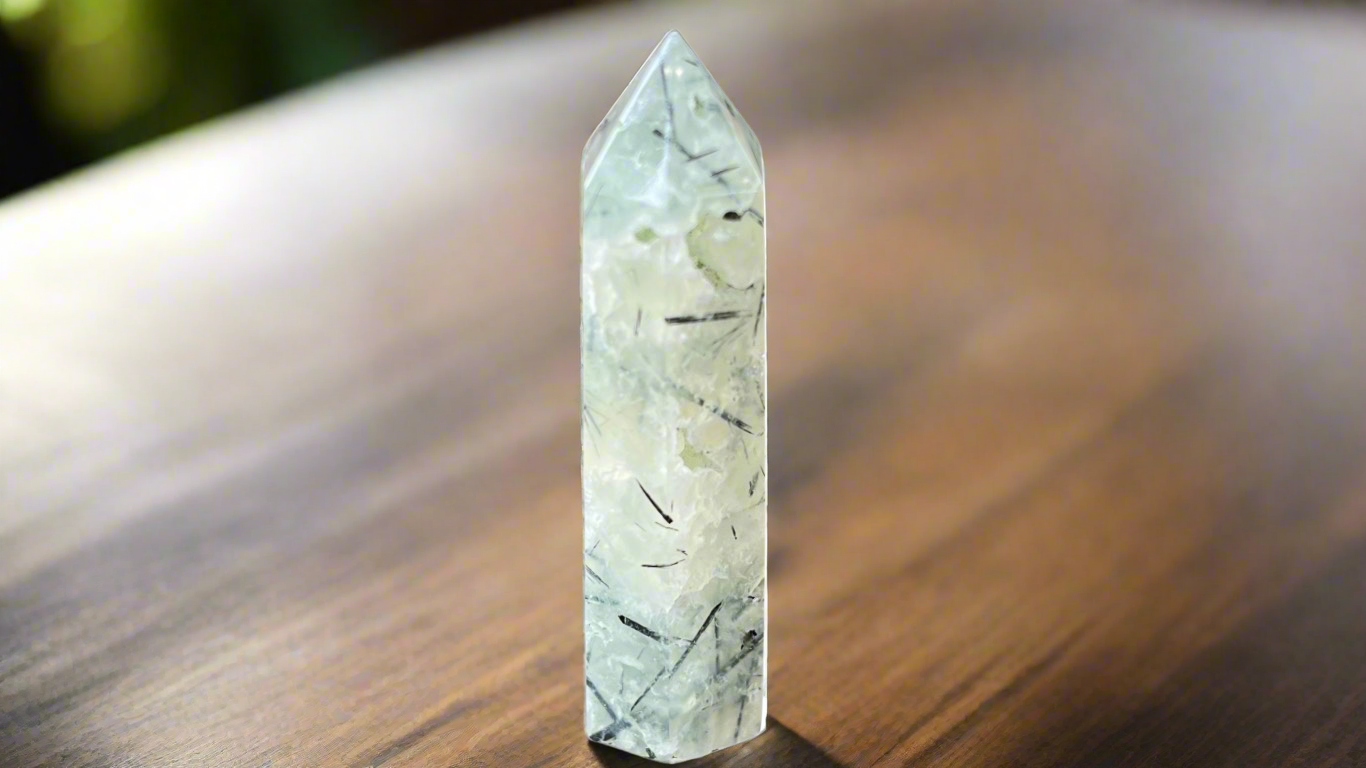 Prehnite with Epidote & Black Tourmaline Inclusions Tower 6cm