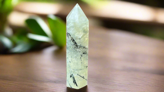 Prehnite with Epidote & Black Tourmaline Inclusions Tower 6cm